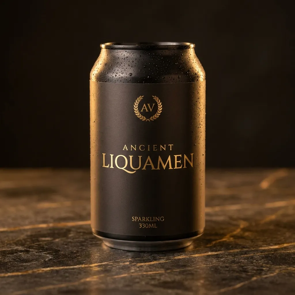 A can of Liquamen, dark and gold, resting on a stone surface