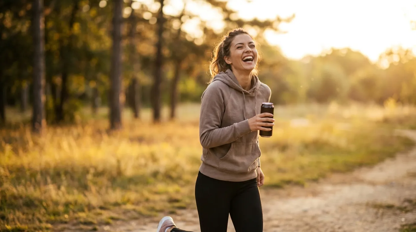 A young adult holding a can outdoors at golden hour after a workout