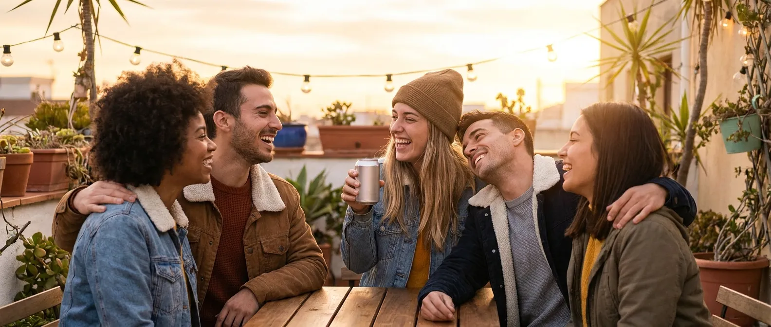 A group of young adults socializing outdoors at golden hour, holding cans