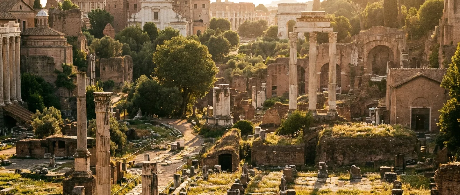Sunlit ancient Roman ruins with marble columns at golden hour